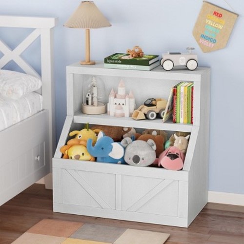 Whizmax Children's Multi-Functional 2 Shelf Bookcase and Toy Storage Bin for Bedroom & Nursery, Color: Vintage white