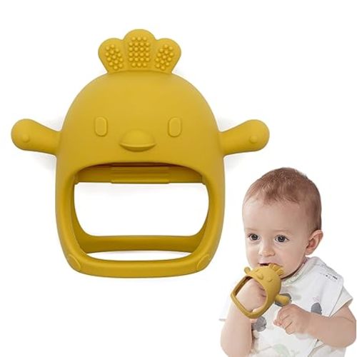 Chick Shape Baby Teething Toys, Never Drop Hand Wrist Teether, Baby Chew Toys for Sucking Needs, Food-Grade Silicone Baby Mitten Teether for Soothing Teething Pain Relief, Easy to Grip(Mango)