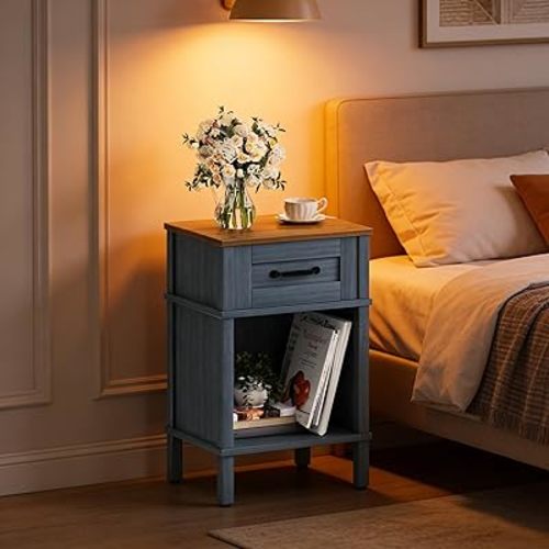 Small Farmhouse Nightstand, Wood Night Stand Set, End Table with Drawer, Small Rustic Wooden Bedside Table, Bed Side Table for Bedroom, Blue end Table with Storage for Bedroom LET512LR
