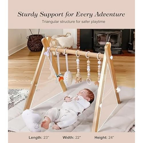 Wooden Play Gym with Beige Mat, Foldable Baby Play Gym, Infant Activity Mat with 6 Hanging Toys, Natural Pine Wood Frame Activity Center, Easy to Assemble & Clean, Newborn Present for Boys & Girls