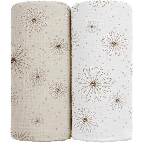 lulumoon Baby Muslin Swaddle Blankets: Soft Receiving Blanket for Newborn - Cotton Swaddling Blanket for Neutral 2Pack(Daisy)