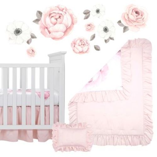 Lambs & Ivy Floral Garden Watercolor/pink Linen 5-piece Baby Crib Bedding Set
