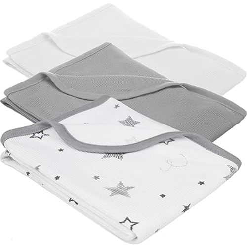 American Baby Company 100% Cotton Thermal Waffle Swaddle Blanket Combo (30" x 40"), Soft, Breathable & Stretchy, Gray Star, Gray, and White, for Boys and Girls, Perfect for Swaddling and Travel