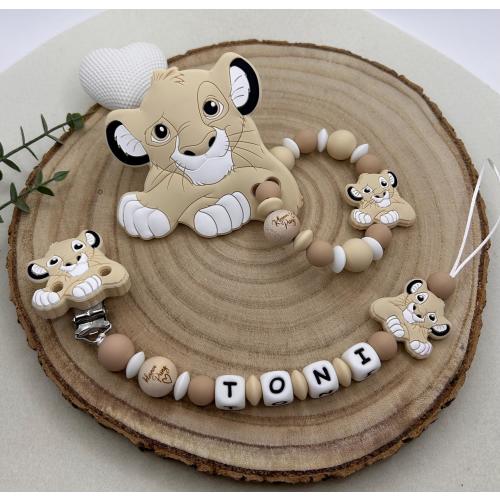 Pacifier chain | Gripping ring | Set | Personalized | Baby gift for birth | Handmade gift made of silicone & natural wood | Simba | Lion