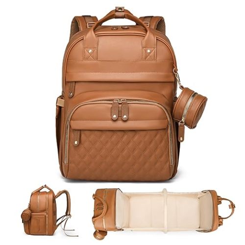 Leather Baby Diaper Bags with Changing Station,Extra large Capacity Baby Diaper Bag Backpack,Waterproof Baby Essentials(Brown)