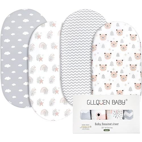 Gllquen Baby Bassinet Sheets 4 Pack, Breathable Cozy Fitted Mattress Sheet, Elastic Travel Crib Fashionable Floral Pattern, Standard Cradle Safe Sheets for Baby Boy Girls 32"X16"(Rainbow)