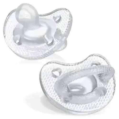 Chicco PhysioForma Luxe Silicone One Piece Pacifier for Babies Aged 6-16m | Fashion Textured Shield | BPA & Latex Free | Reusable Sterilizing Case | Crystal, 2pk