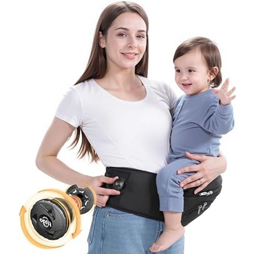 Ergonomic Baby Hip Carrier - Perfect Fit with Adjustable Knob, Thickened Seat, Ultimate Comfort & Support, Multiple Pockets – Baby Carrier for Newborn to Toddler (44lbs), Fits Waist 25-51 in, Black