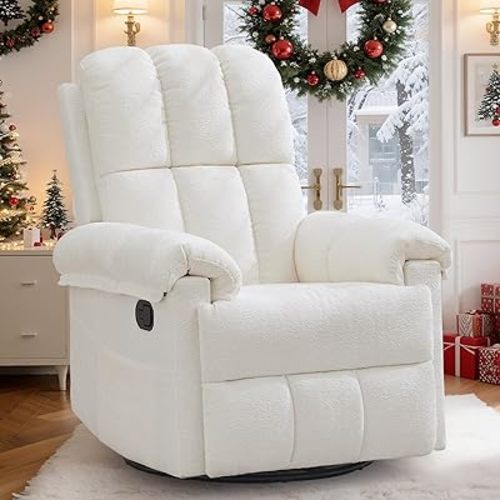 Recliner Chair, Swivel Rocker Recliner Chair for Adults, Small Recliners for Small Spaces, Upholstered Manual Recliner with Side Pockets, Nursery Rocking Chair for Living Room, Chenille, Beige