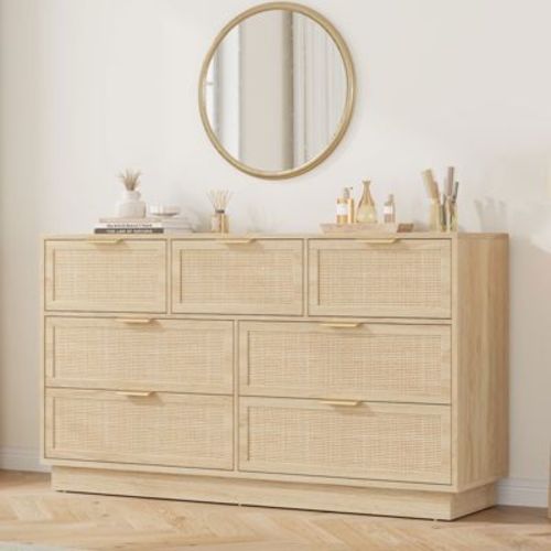 Rattan 7 Drawer Dresser, 55in Wide 7 Chest of Drawers with Metal Handles and Wooden Sturdy Base for Bedroom Living Room Nursery