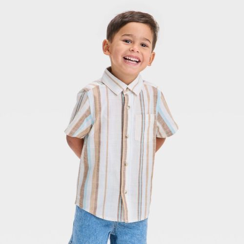 Toddler Boys' Short Sleeve Vertical Striped Poplin Woven Shirt - Cat & Jack™ Almond Cream 2t