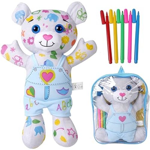 Coloring Plush Toy with 5 Washable Markers for Little Girls Doodle Dolls for Kids Ages 4-6 Birthday (Blue Bear)