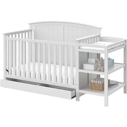 Storkcraft Steveston 5-in-1 Convertible Crib and Changer with Drawer (White) – GREENGUARD Gold Certified, Crib and Changing -Table Combo with Drawer, Converts to Toddler Bed, Daybed and Full-Size Bed