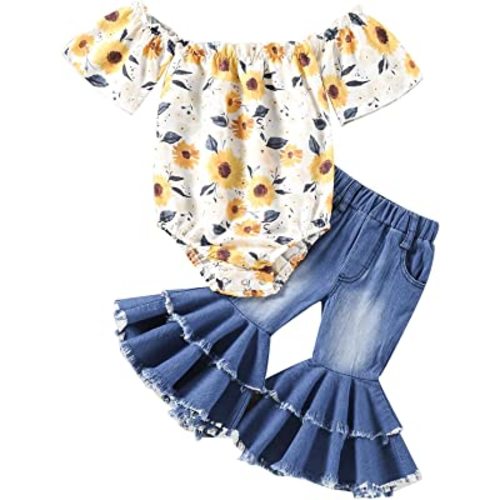 Omkzanbi Toddler Girl Bell Bottoms Outfit Sunflower Off Shoulder Bodysuit Romper Denim Flared Pants Summer Jean Outfit