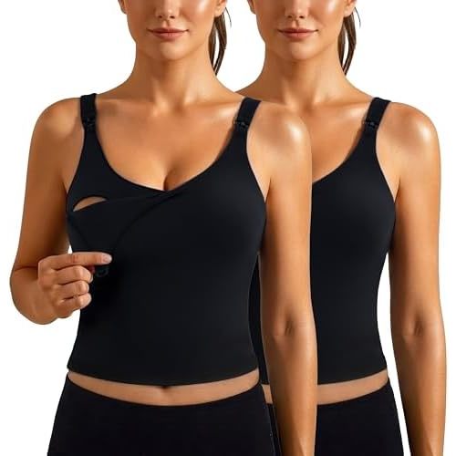 Ecavus Nursing Bras for Breastfeeding Longline Sports Maternity V Neck Buttery Soft Crop Tank Top with Built in Bra
