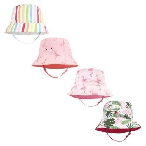 Hudson Baby Infant Girl 4Pc Sun Protection Hat, Flamingo Rainbow Stripe Flamingo Tropical, Size: 12-24 months