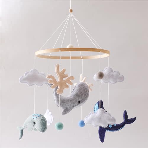 Baby Mobile for Crib丨Baby Nursery Mobiles丨Handmade Felt Ocean Animal Mobile for Crib Baby Boys and Girls丨Woodland Nursery Decor for Infant Bedroom Hanging丨 Gender Neutral Baby Stuff（Whales）