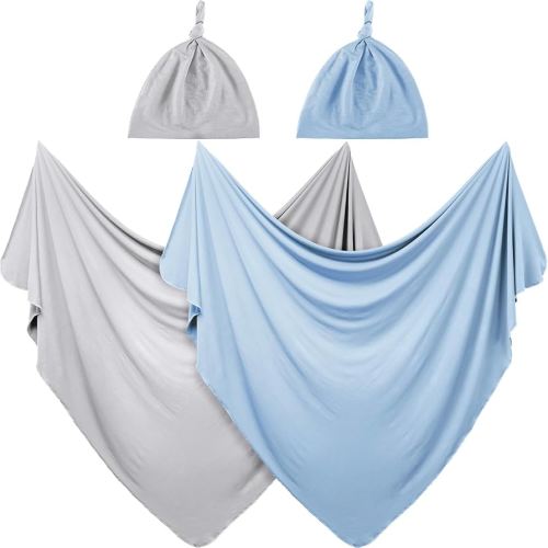 JaGely 2 Pack Baby Newborn Swaddle Blanket and Hat Set 47" x 47" Large Stretchy Receiving Blankets Set for Newborn Baby(Light Gray, Light Blue)