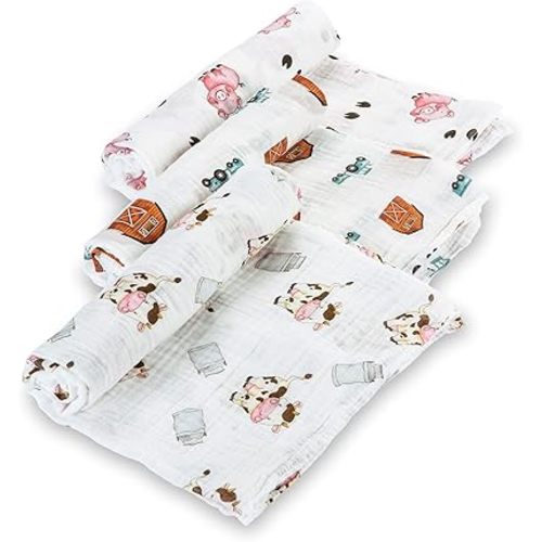 LollyBanks Baby Swaddle Blanket, 100% Cotton Muslin Swaddle Blankets for Boys and Girls, Large 47 x 47 Inches Newborn Swaddle, Soft and Breathable Baby Blanket, Registry (Farm Theme 3 Pack)