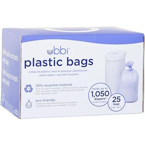 Ubbi Diaper Pail Plastic Bags, Disposable Baby Waste Bags, Single Pack, 25 Count, 13-Gallon Bags