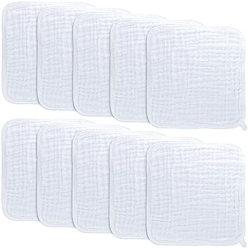Baby Washcloths, Muslin Cotton Baby Towels, Large 10”x10” Wash Cloths Soft on Sensitive Skin (White, Pack of 10)