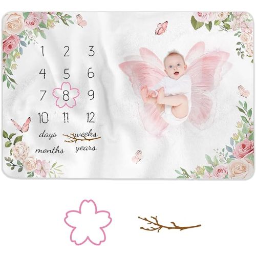 Baby Monthly Milestone Blanket for Baby Girls, Pink Flower and Butterfly Theme Newborn Growth Chart Photo Background Blanket with Flower and Branch Molding Frames (60x40 inch)
