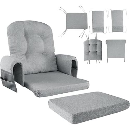 HOMBYS 5 PCS Glider Rocker Replacement Cushions with Storage Side Pocket,Linen-Like Fabric, Foam & Microfiber Filling, Non-Slip & Washable,Thickened & Supportive for Glider Rocking Chair, Grey