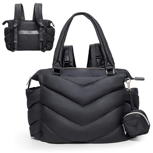 Diaper Bag Tote, Diaper Bag Backpack,Puffer Tote Bag with Pacifier Case, Lightweight Mommy for Hospital, Puffy with 10 Pockets, Convertible Baby for Travel, Black