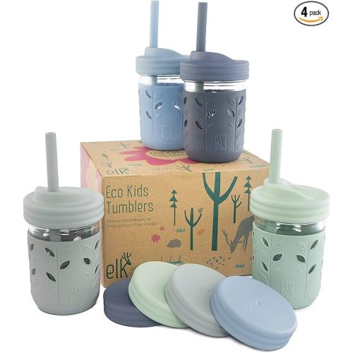 Elk and Friends Kids & Toddler Cups | The Original Glass Mason jars 8 oz with Silicone Straws with Stoppers | Smoothie Cups | Spill Proof Sippy Cups for Toddlers