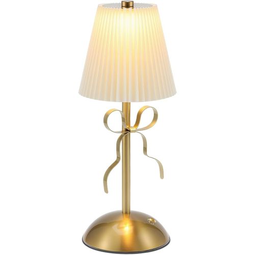 Cordless Table Lamp,Cute Gold Bow Lamp,Rechargeable Desk Lamp with Fabric Shade,3 Color Dimmable Touch Lamp,Led Night Light for Bedroom Living Room Nursery Girls Room,Home Decor Ambient Lighting
