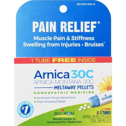 Boiron Arnica Montana 30C Homeopathic Medicine for Relief from Muscle Pain, Muscle Stiffness, Swelling from Injury, and Discoloration from Bruises - 3 Count (240 Pellets)