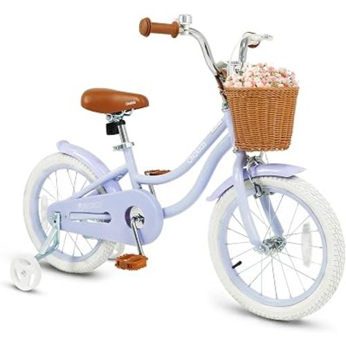 Olakids Kids Bike, 12 14 16 18 20 Inch Toddlers Bike with Training Wheels Rattan Basket Safety Bell Adjustable Seat and Handlebar for Girls Boys