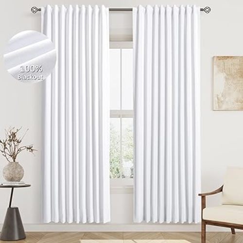 White Linen Blackout Curtains 80 Inch Length 2 Panels Set Back Tab/Rod Pocket/Pleated Look Neutral Textured Curtains for Living Room Darkening Bedroom Thermal Insulated Window Drapes Pure White
