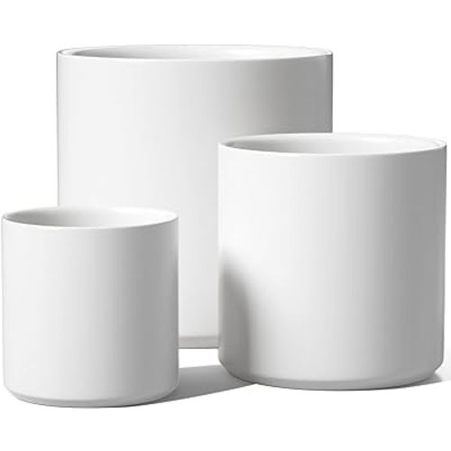 LE TAUCI Ceramic Plant Pots Indoor, 10 Inch 8 Inch 6 Inch Planters for Indoor Plants, Mid-Century Modern Flower Pots with Drainage Hole and Plug, Cylinder Round Planter Pots, Set of 3, White