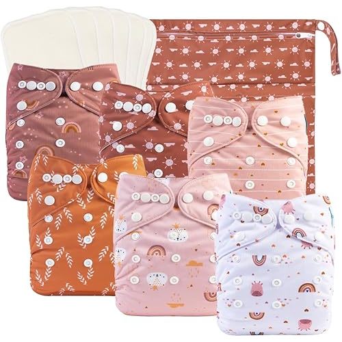 babygoal Baby Cloth Diapers 6 Pack with 6pcs Rayon from Bamboo Inserts and Wet Bag, One Size Reusable Washable Pocket Nappy Covers for Infant Boys and Girls 6FG04