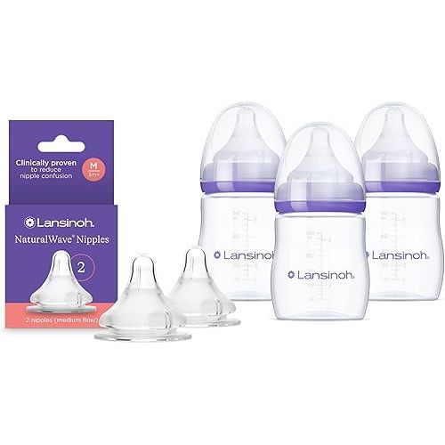 Lansinoh NaturalWave Medium Flow Nipples (2 ct) + 5 oz Anti-Colic Baby Bottles (3 ct) with Slow Flow Nipples, BPA-Free, Soft Silicone for Comfortable Feeding