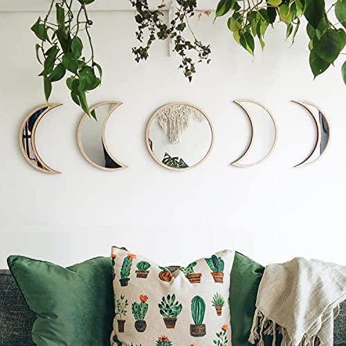 MAXROCK Moon Phase Mirror Set, 5 Piece Scandinavian Natural Decor Wall Decorative Home Decor Bohemian Moon Mirror for Living Room Bedroom, Acrylic Mirror, Not Real Mirror