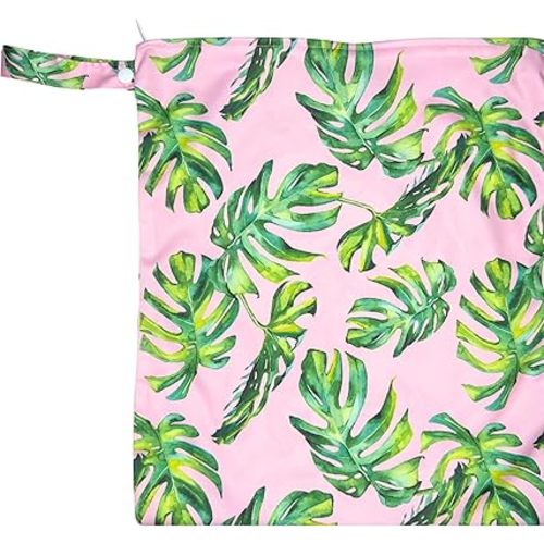 Waterproof Wet Dry Bag for Wet Clothes, Baby Clothes, Sweaty Clothes, Swimsuits and Travel - Palm Trees Pattern - Reusable and Machine Washable (Pink Palm Trees)