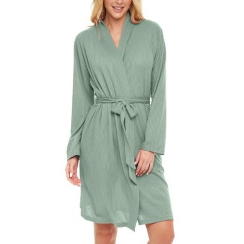 Women's Soft Ribbed Waffle Rib Knit Wrap Robe with Pockets, Lightweight Bathrobe, Color: Sage, Size: medium