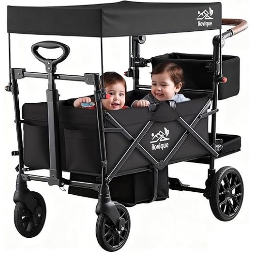 Wagon Stroller for 2 Kids, Premium Stroller Wagon for Kids with Removable Canopy, Safety Harness, Adjustable Handlebar & Storage Organizer, All-Terrain Foldable Baby Wagon for Outdoors
