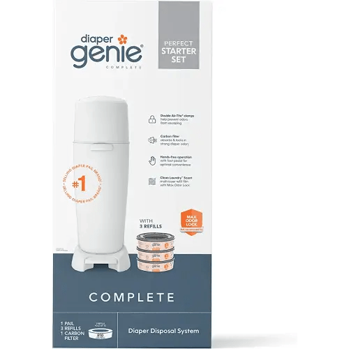 Playtex Diaper Genie Complete Pail with Built in Odor Controlling Antimicrobial, Includes Pail and 3 Clean Laundry Scent Refills, White Pail
