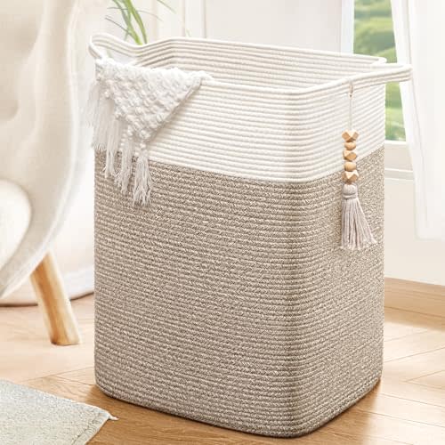 Goodpick Laundry Basket Laundry Hamper, Blanket Basket for Living Room Clothes Hamper for Laundry Room, Tall Basket, Woven Laundry Basket, Storage Basket for Toys, Towels, 16x13x22in, Jute
