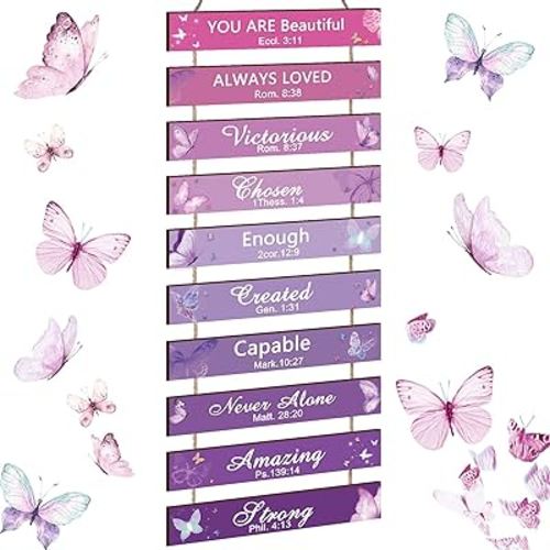 PerKoop 10 Pieces Purple Butterfly Wood Wall Decor Religious Butterfly Room Decor Purple Pink Wall Decor Positive Saying African American You Are Beautiful Bedroom Nursery Decor Gift