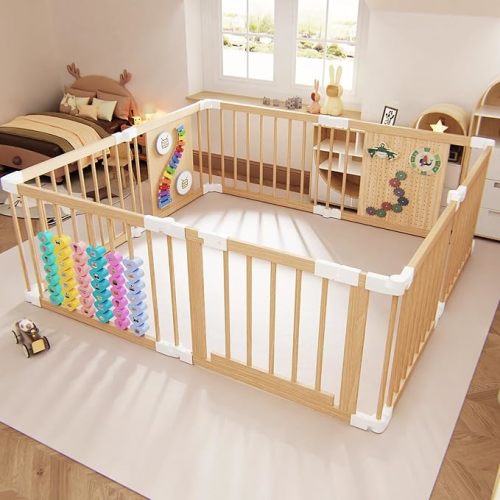 Baby Playpen - Adjustable Multi-Shape Wooden Play Yard, Portable Collapsible Activity Center with Baby Fence Play Area & Toys for Infants, Toddlers (55.9x55.9x24inch