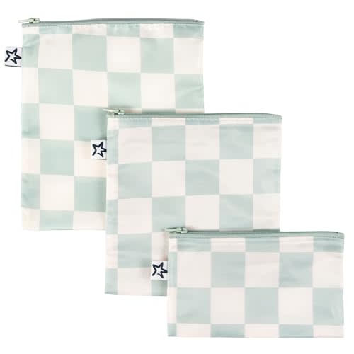 Tiny Twinkle 3 Pack Reusable Snack Bags - Machine Washable, PFAS, PVC, BPA, Phthalate-Free Reusable Baby and Toddler Food Safe Snack Bags (Sage Checkers)