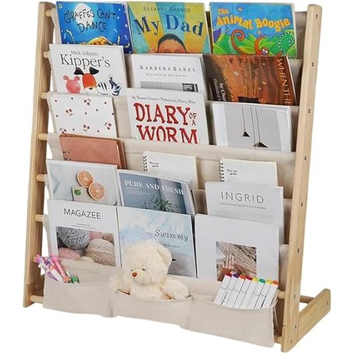 HDView Kids Bookshelf 7 Tier Wooden Book Organizer Toddler Book Sling Rack with Deep Sleeves for Boys Playroom Nursery Bedroom, Space Saver, Up to 200 Kids Books