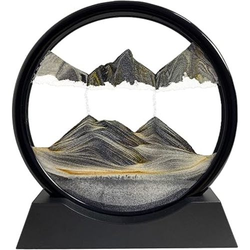 Moving Sand Art Picture - Sand Art Liquid Motion 3D Deep Sea Sandscape, Round Glass Frame Display Flowing Sand Relaxing Toy for Desktop Home Office Work Ocean Decor(Black, 7")