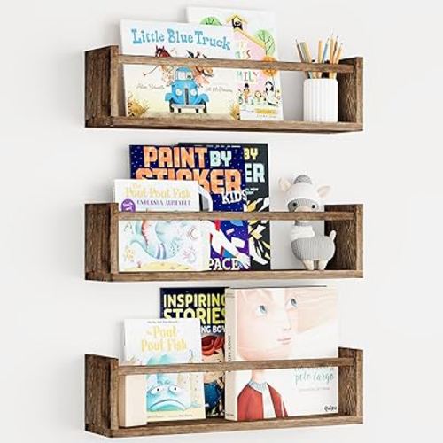 Fixwal Nursery Book Shelves, 16.5 Inch Floating Bookshelves for Wall Set of 3, Baby Nursery Decor, Solid Wood Wall Mounted Shelves for Books, Toys and Decor Storage (Brown)