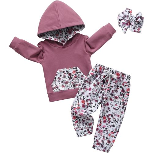 Eghunooy Baby Girl Clothes Long Sleeve Floral Hoodie Sweatshirt Pants with Pocket Headband Outfit Sets - 6-9 Months - Purple-a