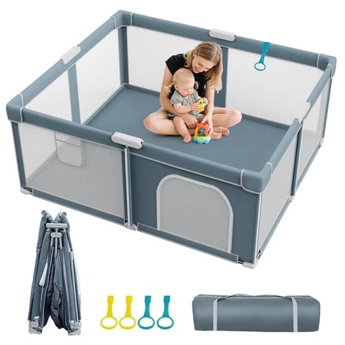 Foldable Baby Playpen - 71"×59" Collapsible Play Pen for Babies and Toddlers - Indoor Outdoor Foldable Play Yard with 4 Handles - Folding Baby Playpen with Bag Portable Travel Play Yard